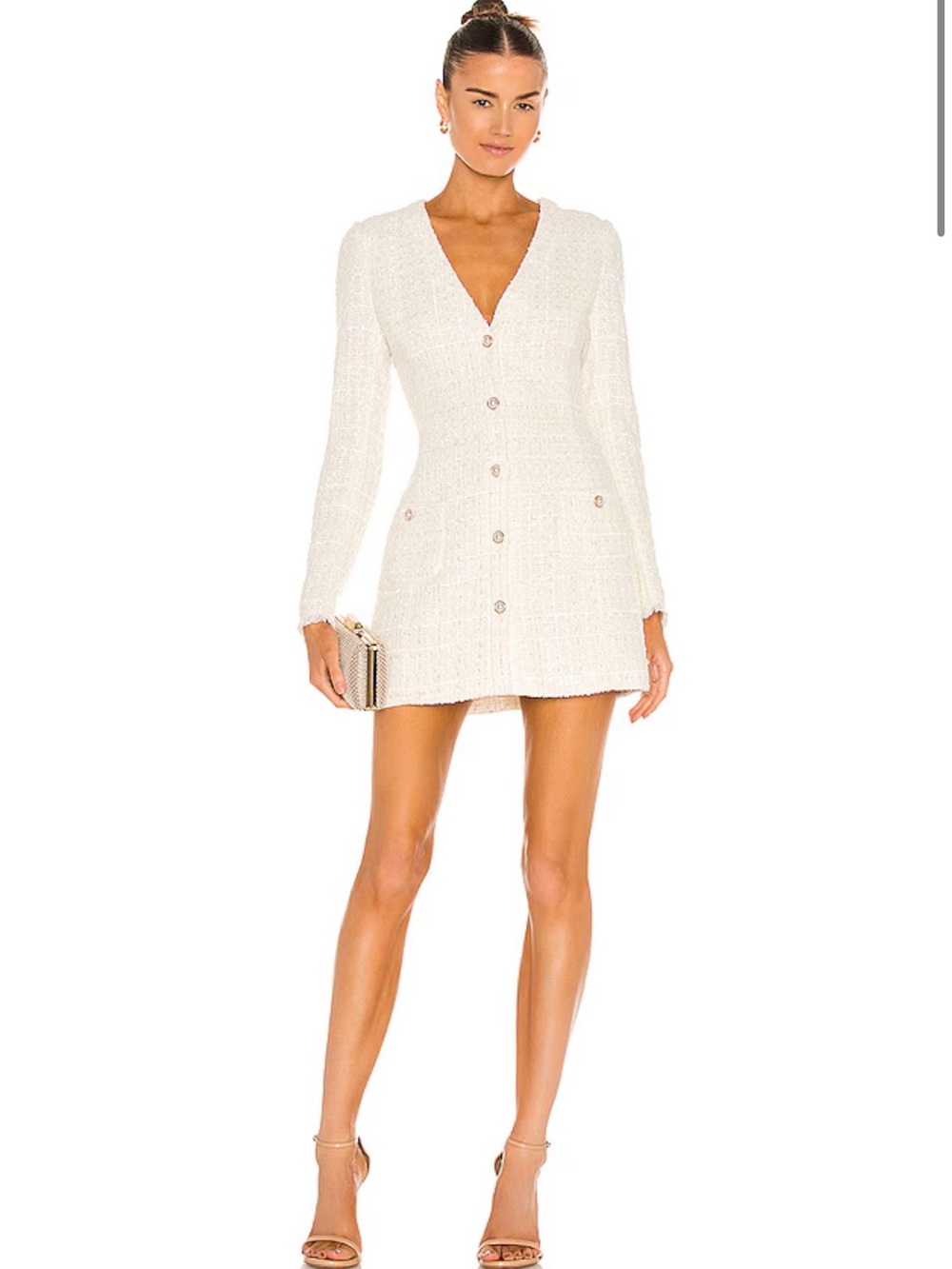 Sau lee Audrey Cream Tweed long sleeve V-Neck Mini Dress